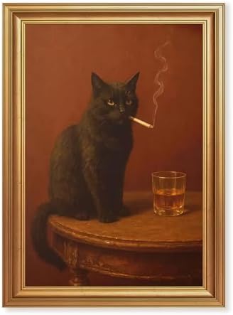 ICHZUMW Gold Framed Funny Black Cat Whiskey Vintage Canvas Wall Art 16x24In by Unknown