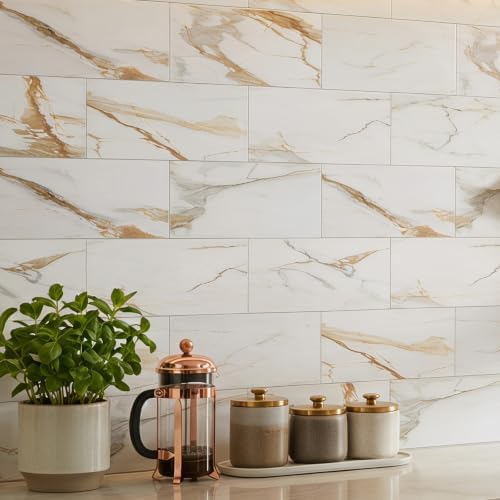 6" x 12" Calacatta Gold Marble Peel and Stick Backsplash Wall Tiles, PVC Faux - Image 2