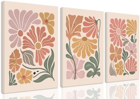 TBKHUDBI Boho Flower Canvas Wall Art Abstract Floral Pictures Prints Set of 3 by Unknown