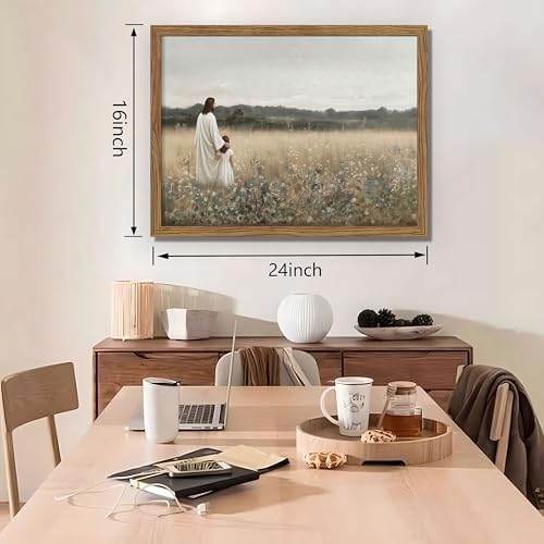 Framed Christian Wall Art Jesus and Girl, Vintage Flower landscape Jesus Wall - Image 3