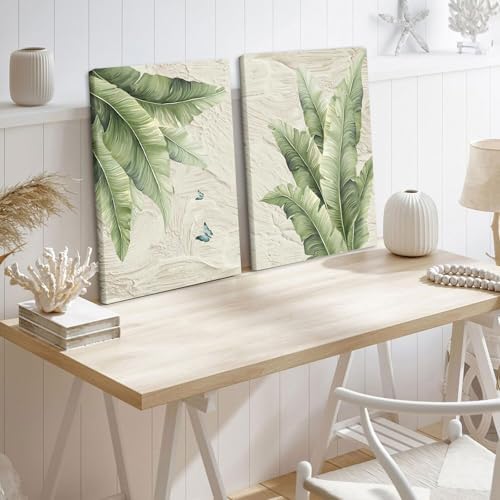 KBCXOY Tropical palm tree Wall Art Set of 2 Green Leaf Canvas Prints Minimalist - Image 2