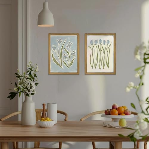 Blue Tulip Flower Wall Art Set of 2, Watercolor Floral Preppy Canvas Poster - Image 4
