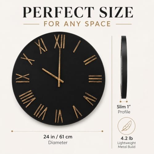 Large Wall Clock 24 Inch, Distressed Gold Roman Numerals - Image 2