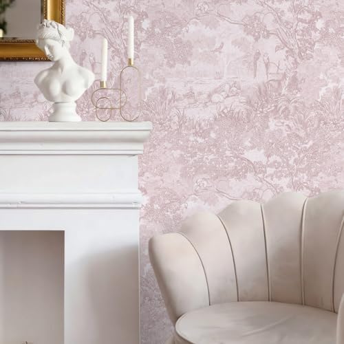Ismoon Pink Peel and Stick Wallpaper Neutral Wall Paper 17.3in×16.4ft Vintage - Image 2