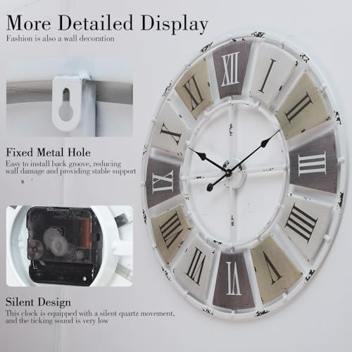 16" Distressed Metal Wall Clock, Roman Numeral Farmhouse Decor - Image 3