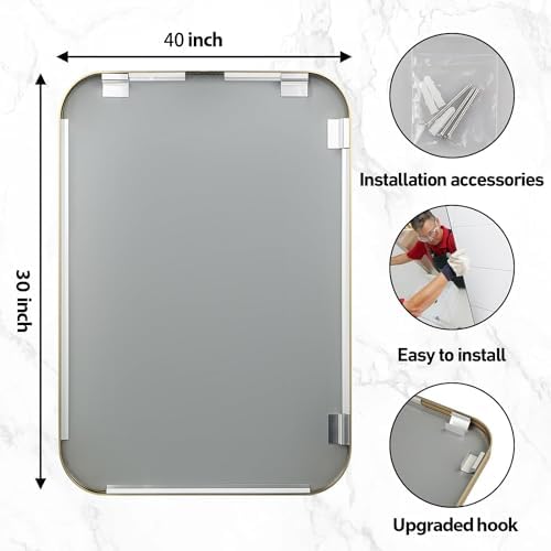40x30 Inch Gold Bathroom Mirror, Brushed Brass Gold Metal Framed Rectangular - Image 6