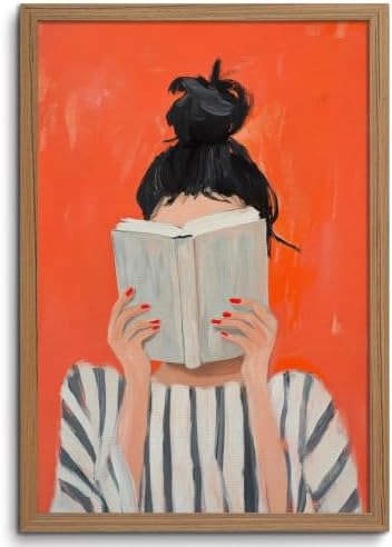 Abstract Framed Wall Art Reading Woman Canvas Print Bold Orange Wall Decor by ZMDDYSWallArt