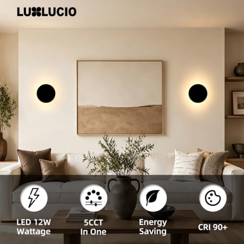Hardwired 6.7" Round Backlit Black Modern Indoor LED Wall Sconce - Image 2