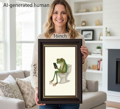 Dark Brown Framed, Funny Frog Wall Art-Whimsical Frog on Toilet - Image 6