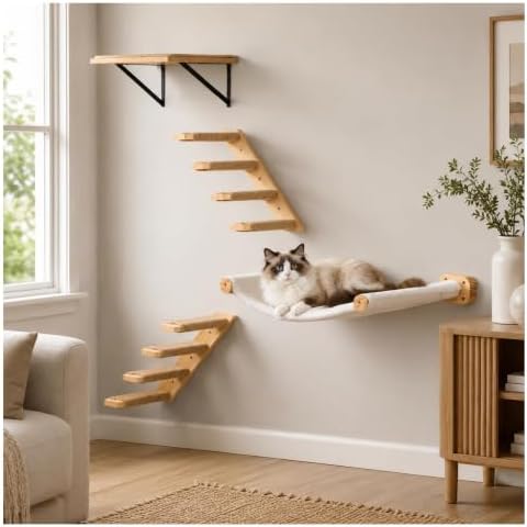 Cat Wall Hammock with Floating Hammock, 2 Four-Step Ladders & 1 Flat Shelf by PELUOMOZ