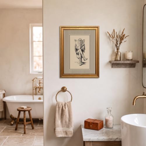 Vintage Gold Framed Western Bathroom Wall Art, Funny Cowgirl Reading Newspaper - Image 2