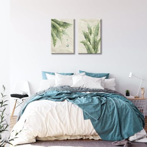KBCXOY Tropical palm tree Wall Art Set of 2 Green Leaf Canvas Prints Minimalist - Image 5