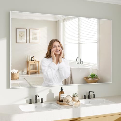 Koonmi White Rectangle Wall Mirror, 36x48 Inch Bathroom Mirror, Aluminum Frame by KOONMI
