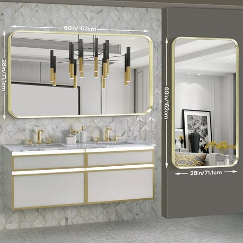 Gold Bathroom Mirror 28x60in, Metal Framed Rounded Rectangle Wall - Image 3