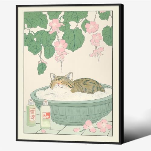 Black Framed Canvas Wall Art Posters Tabby Cat In Bathtub Prints Rustic Neutral by Unknown