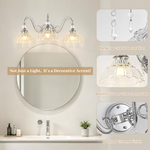 Brushed Chrome Bathroom Vanity Light, 3-Light Chrome Finish Wall Sconce - Image 4