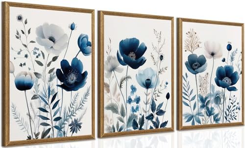 DUWQU Triptych Navy Blue Watercolor Botanical Floral Wall Art 16x24 in x3 by DUWQUCanvasWallArt