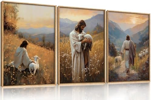 HOURIA Jesus Christ Leaves the 99 Sheep Framed Canvas Wall Art Set, Christian by HOURIA