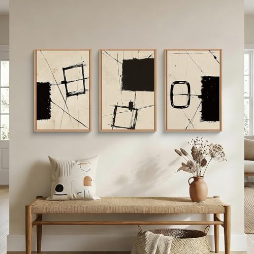 HOURIA Abstract Neutral Brushstroke Framed Canvas Wall Art Set-16"x24"x3 by HOURIA