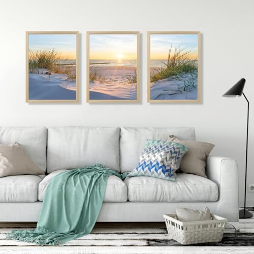 IAFWZX Wood Framed Coastal Sunset Scenery Wall Art Set of 3, 12x16 in - Image 2