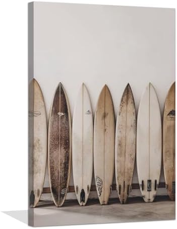 Coastal Beach Painting Vintage Surfboard Wall Art 16x24 Inch Framed by Unknown