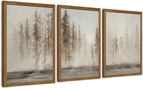 Urmoya Triptych Neutral Misty Forest Framed Canvas Wall Art, 16x24 inch x3 by Unknown