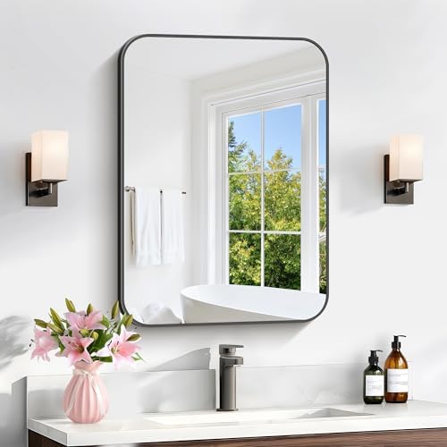 Bathroom Mirror, 18 x 24 inch Metal Framed Black Rectangle Mirror, Rounded by WelcometoCIVENO
