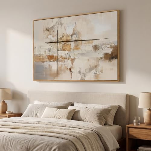 Extra Large Framed Neutral Beige Abstract Wall Art, Horizontal 60x40 In - Image 2