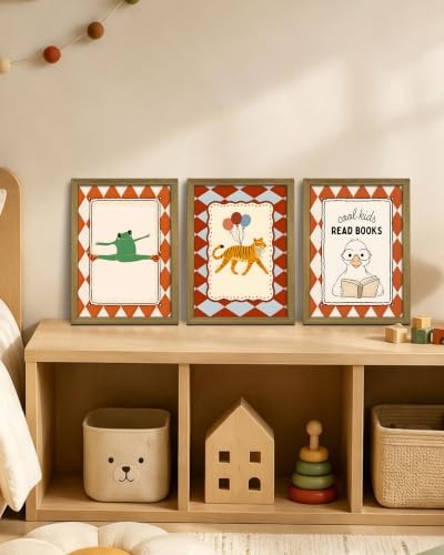 Framed Vintage Nursery Canvas Wall Art Set of 3, Frog Tiger Duck Animal Wall - Image 2