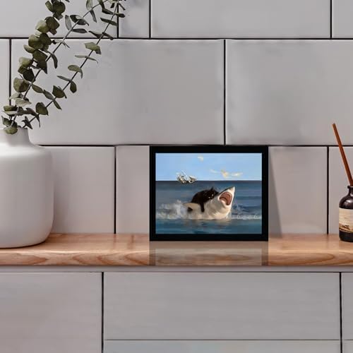 ICHZUMW Framed Funny Black Cat Biting Shark Ocean Canvas Wall Art 8x10 In - Image 4