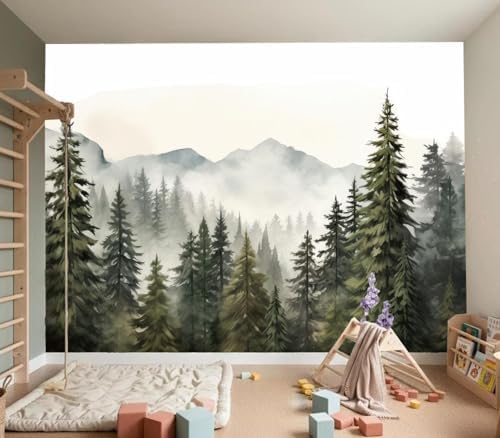 Serene Watercolor Misty Pine Forest Mountain Wallpaper - Image 4
