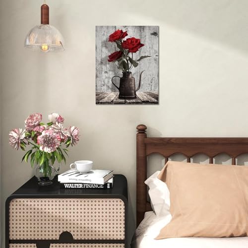 Red Rose Canvas Wall Art: Rustic Black Grey Flower Framed Bedroom Decor - Image 7