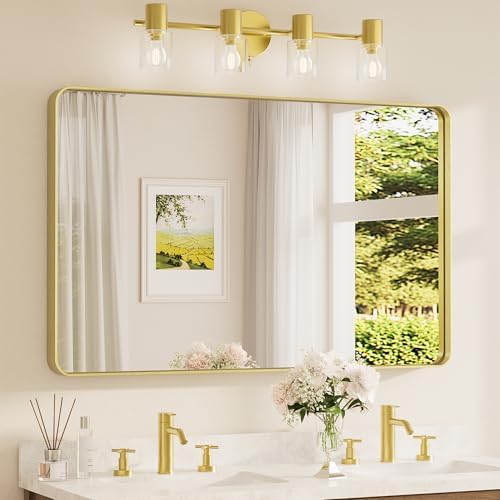 TETOTE 48 x 30 Inch Bathroom Mirror, Brushed Gold Metal Framed Wall Mounted by TETOTE