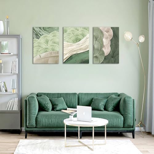Framed Abstract Green Wall Art Set of 3-Mid Century Textured Natural Botanical - Image 2