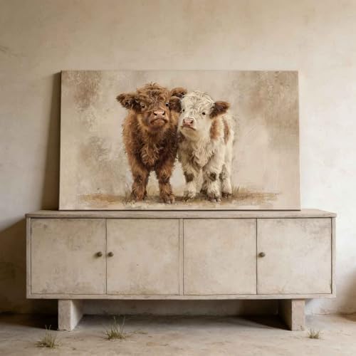 Highland Cow Calves Canvas Wall Art Large Retro Calf Decor Painting Picture - Image 7