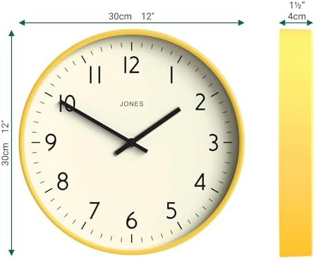 JONES CLOCKS® Studio Clock | Modern Round wall Clock | 12" | Yellow | Easy to - Image 3
