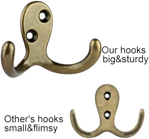IBosins 16 Pack Antique Brass Double Prong Coat Hooks - Image 3