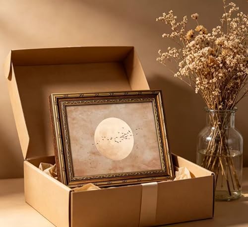 Vintage Gold Framed Minimalist Moon and Birds in Flight Wall Art, Neutral Beige - Image 4