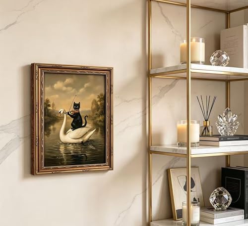 Vintage Gold Framed Black Cat Wall Art, Dark Academia Swan Painting Canvas Print - Image 7