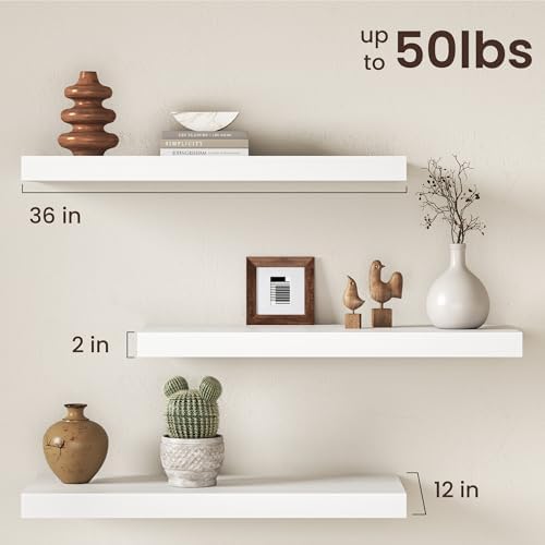 36Inch White Floating Shelves for Wall, 12 Inch Deep Shelves for Bedroom - Image 3