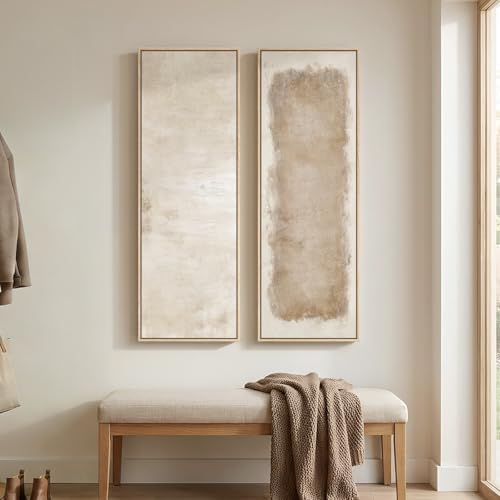 Large Framed Beige Cream Abstract Vertical Wall Art - Image 6