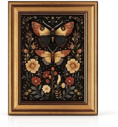 IMNTSD Framed Vintage Moth Floral Wall Art, Dark Background Botanical Butterfly by IMNTSD