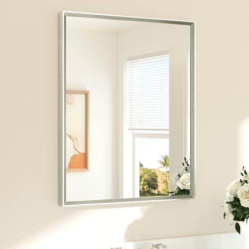 TETOTE Brushed Nickel Bathroom Mirror 24" x 30" Rectangle Beveled Frame by TETOTE