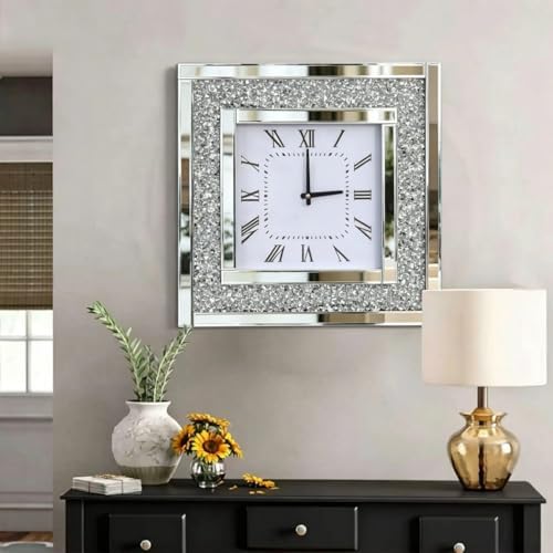DMDFIRST Silver Square Mirror Clock 20x20inches Crystal Sparkle Twinkle Bling - Image 4