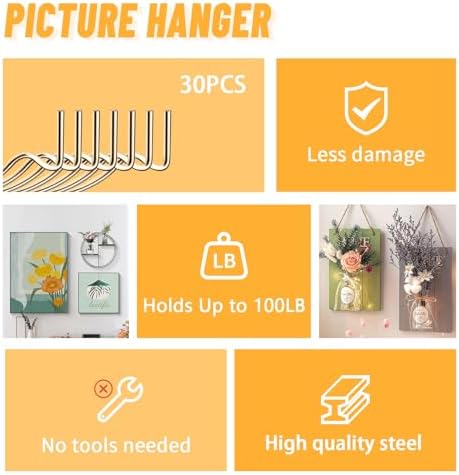 FURHUA 30pcs Aeneous Super Hook Picture Hangers and Office Pack, Drywall Hooks - Image 5