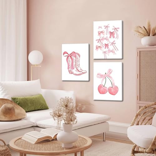 Fashion Pink Bows Wall Art Set of 3, Preppy Watercolor Cherry Cowboy Boots Wall - Image 6