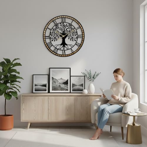 Large Wall Clock for Living Room Decor 24 Inch Tree of Life Metal Wall Art - Image 3
