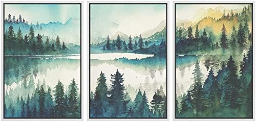 MUDECOR Framed Canvas Print Wall Art Set Watercolor Teal Emerald Green Mountain by MUDECOR