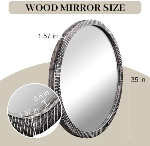 35" Round Wood Mirror, Farmhouse Large Wooden Mirror, Washed Black - Image 3