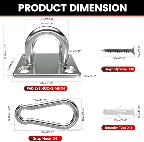 sprookber 304 Stainless Steel Pad Eye Snap Hook, M8 Ceiling Hook 1200Lb - Image 4